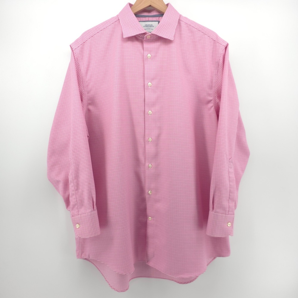 Charles Tyrwhitt Mens Button Down Classic‎ Fit 17.5/34 Pink Houndstooth Non-Iron